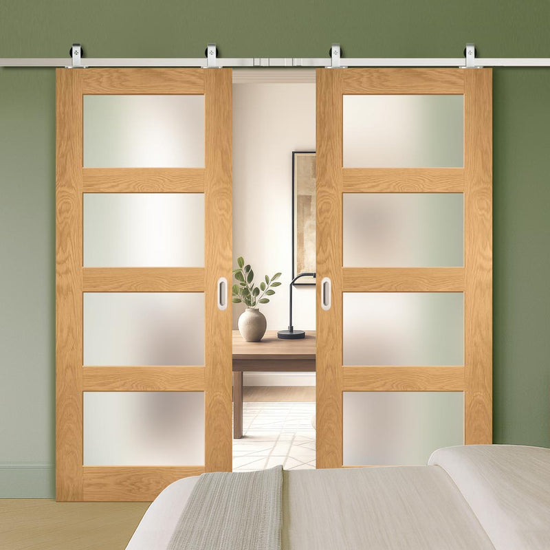 Top Mounted Stainless Steel Sliding Track & Double Door - Coventry Shaker Style Oak Door - Frosted Glass - Unfinished