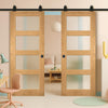 Top Mounted Sliding Track & Double Door - Coventry Shaker Style Oak Door - Frosted Glass - Unfinished
