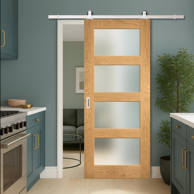 Top Mounted Stainless Steel Sliding Track & Door - Coventry Shaker Style Oak Door - Frosted Glass - Unfinished