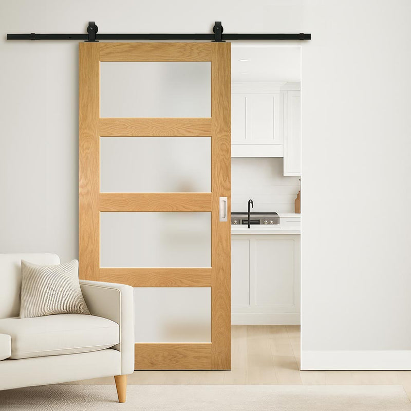 Top Mounted Sliding Track & Door - Coventry Shaker Style Oak Door - Frosted Glass - Unfinished
