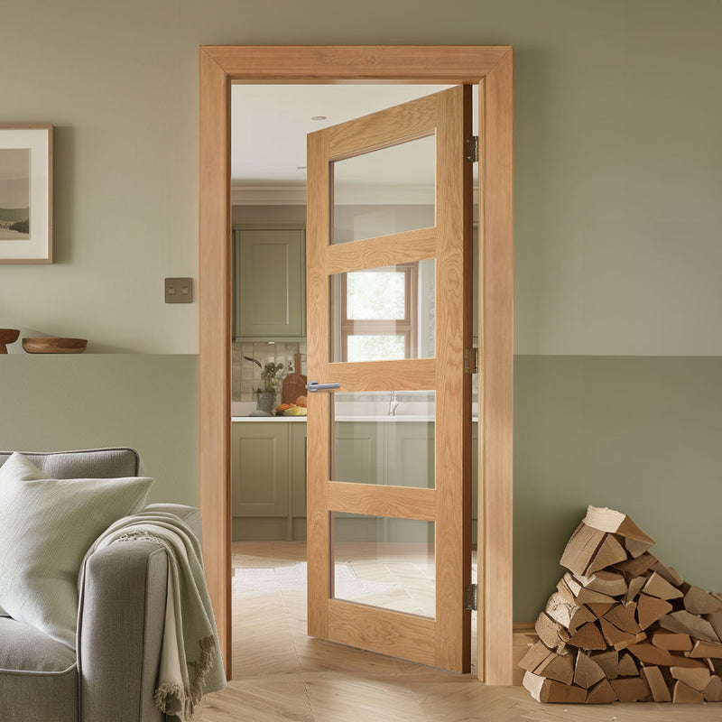 EasiKit Internal Door and Frame Kit - All Fittings Included - Coventry Shaker Style Oak Internal Door - Clear Glass - Unfinished
