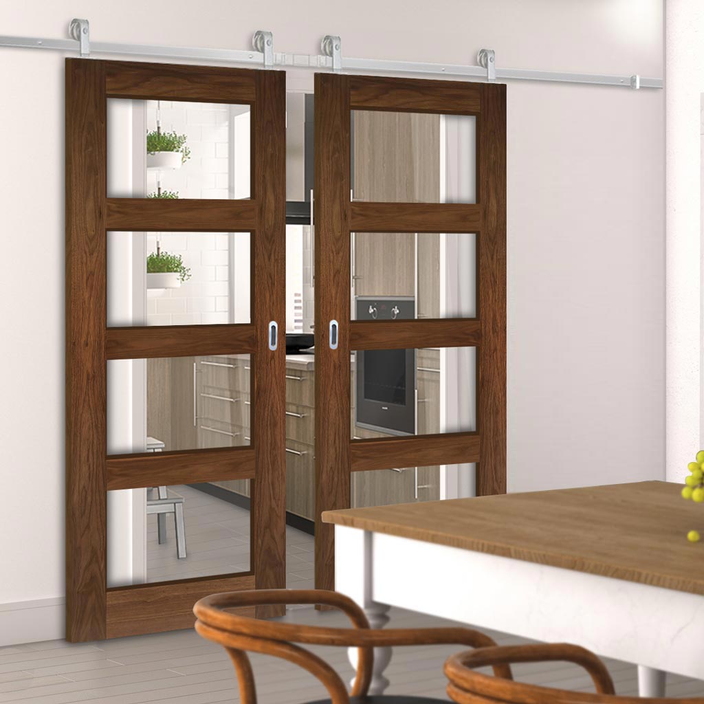 Top Mounted Stainless Steel Sliding Track & Coventry Prefinished Walnut Shaker Style Double Door - Clear Glass