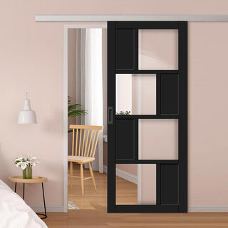 Image: Single Sliding Door & Premium Wall Track - Eco-Urban® Cusco 4 Pane 4 Panel Door DD6416G Clear Glass - 6 Colour Options