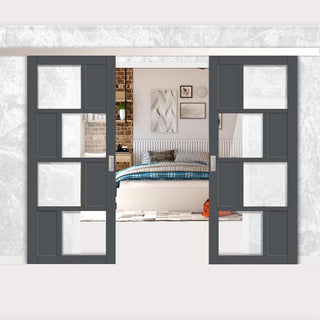 Image: Double Sliding Door & Premium Wall Track - Eco-Urban® Cusco 4 Pane 4 Panel Doors DD6416G Clear Glass - 6 Colour Options