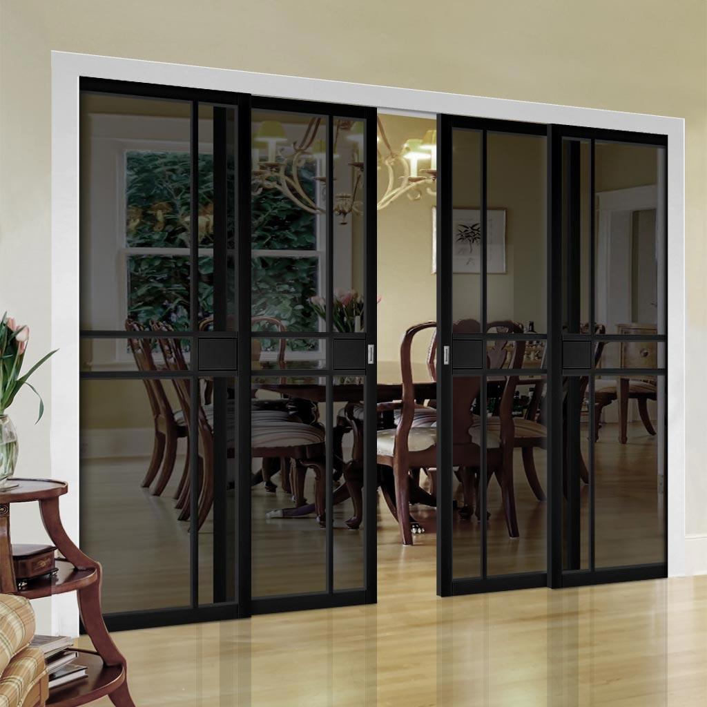 Dalston Black Staffetta Quad Telescopic Pocket Door - Prefinished - Tinted Glass - Urban Collection