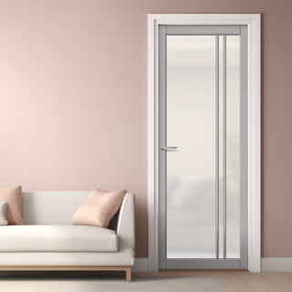 Image: Milano Solid Wood Internal Door UK Made  DD0101F Frosted Glass - Mist Grey Premium Primed - Urban Lite® Bespoke Sizes