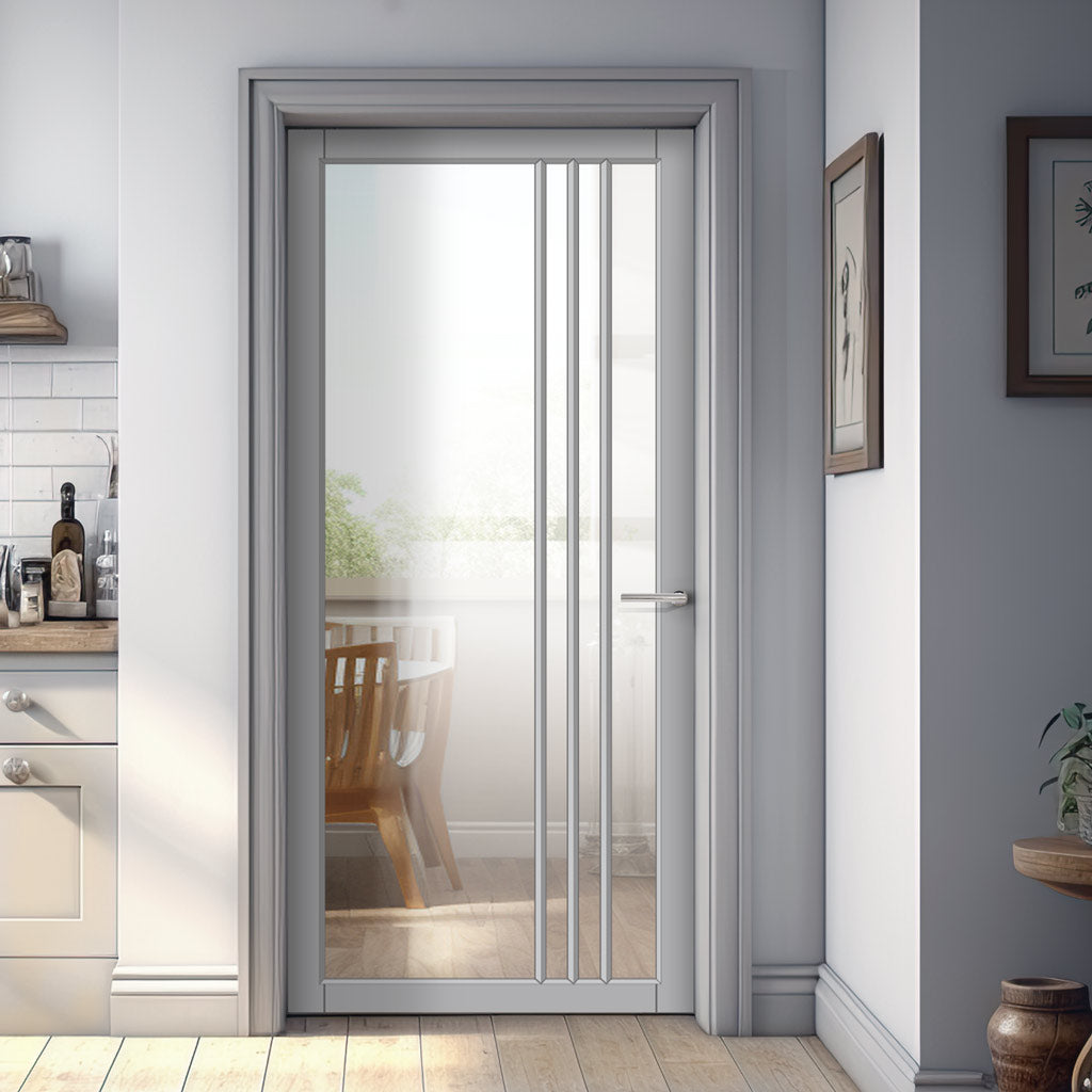 Bella Solid Wood Internal Door UK Made  DD0103C Clear Glass - Mist Grey Premium Primed - Urban Lite® Bespoke Sizes