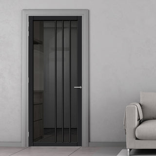 Image: Tula Solid Wood Internal Door UK Made  DD0104T Tinted Glass - Shadow Black Premium Primed - Urban Lite® Bespoke Sizes