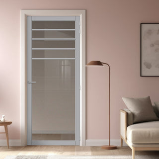 Image: Drake Solid Wood Internal Door UK Made  DD0108C Clear Glass - Mist Grey Premium Primed - Urban Lite® Bespoke Sizes