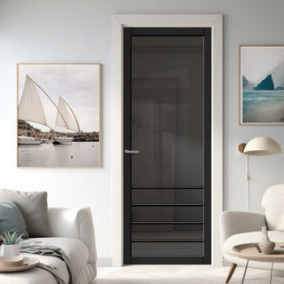 Image: Hirahna Solid Wood Internal Door UK Made  DD0109T Tinted Glass - Shadow Black Premium Primed - Urban Lite® Bespoke Sizes