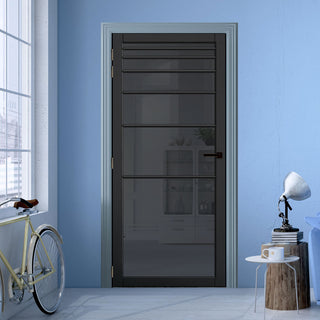 Image: Revella Solid Wood Internal Door UK Made  DD0111T Tinted Glass - Shadow Black Premium Primed - Urban Lite® Bespoke Sizes