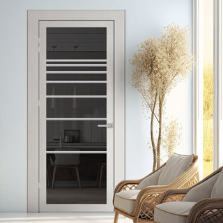 Image: Amoo Solid Wood Internal Door UK Made  DD0112T Tinted Glass - Mist Grey Premium Primed - Urban Lite® Bespoke Sizes