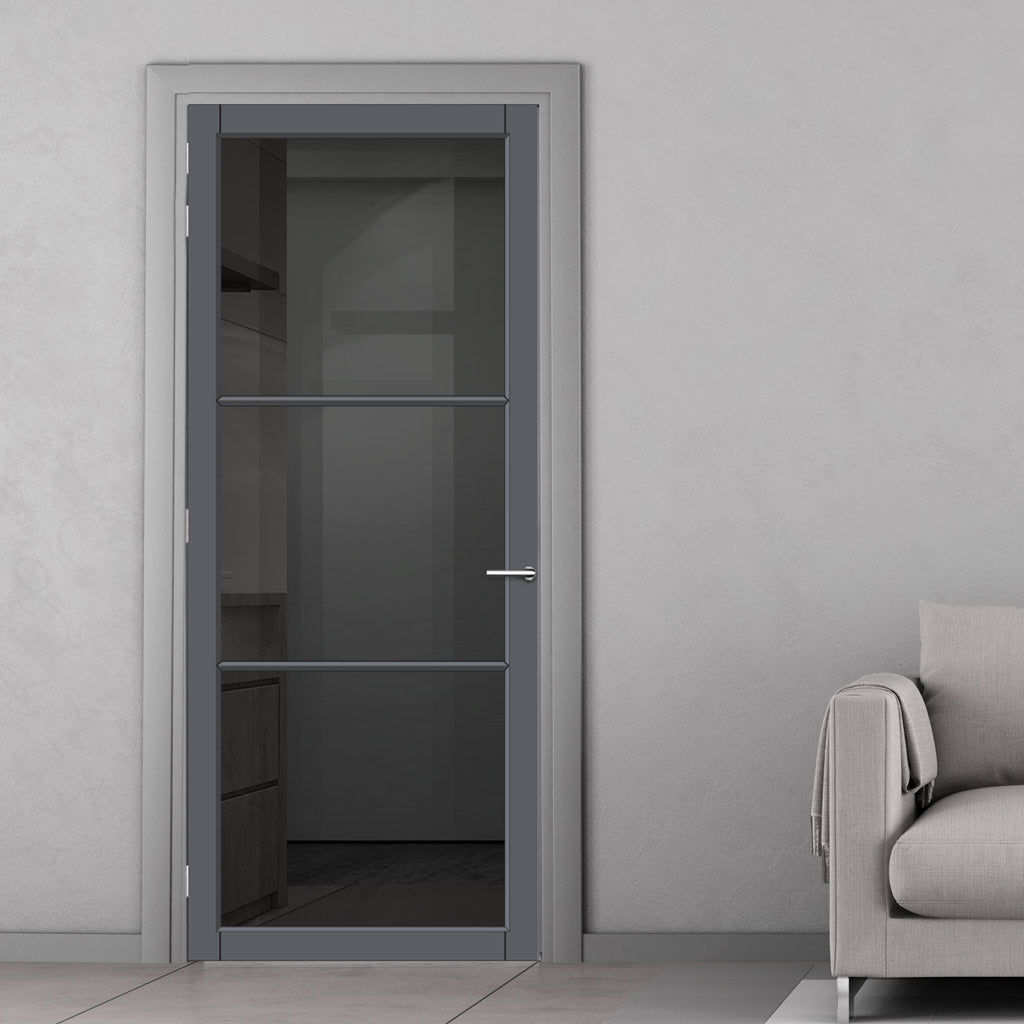 Iretta Solid Wood Internal Door UK Made  DD0115T Tinted Glass - Stormy Grey Premium Primed - Urban Lite® Bespoke Sizes