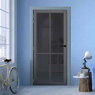 Image: Kora Solid Wood Internal Door UK Made  DD0116T Tinted Glass - Stormy Grey Premium Primed - Urban Lite® Bespoke Sizes