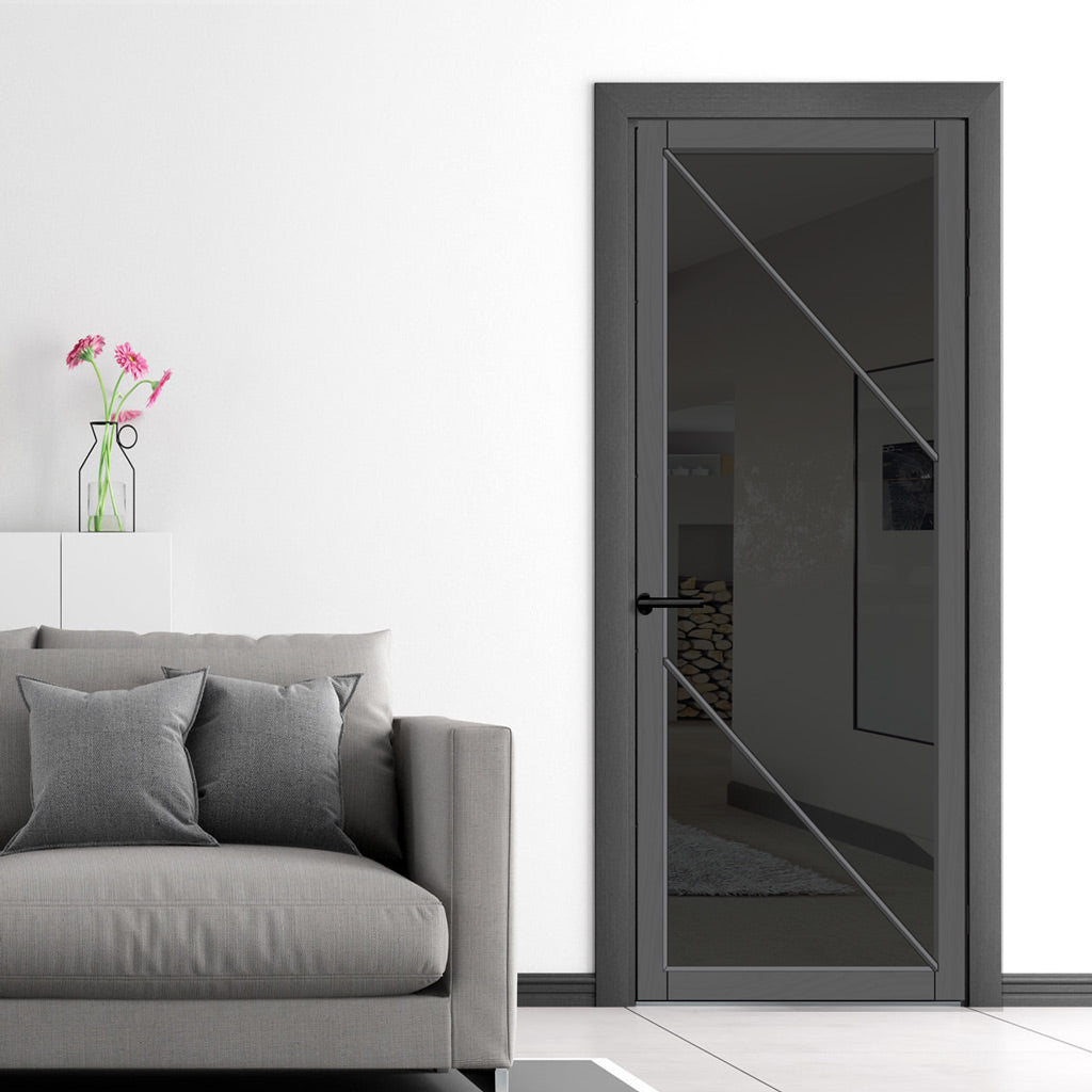 Aria Solid Wood Internal Door UK Made  DD0124T Tinted Glass - Stormy Grey Premium Primed - Urban Lite® Bespoke Sizes