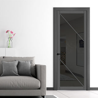 Image: Aria Solid Wood Internal Door UK Made  DD0124T Tinted Glass - Stormy Grey Premium Primed - Urban Lite® Bespoke Sizes