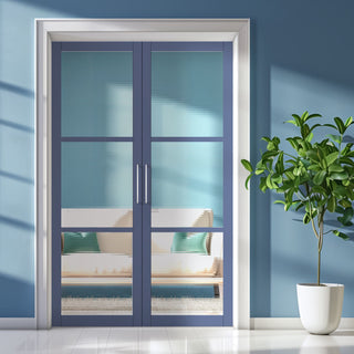 Image: Manchester 3 Pane Solid Wood Internal Door Pair UK Made DD6306 - Clear Reeded Glass - Eco-Urban® Heather Blue Premium Primed