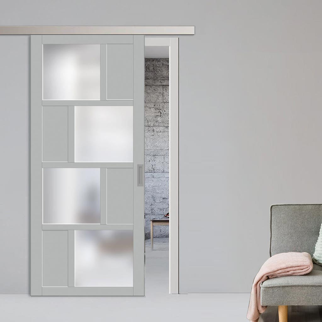 Single Sliding Door & Premium Wall Track - Eco-Urban® Cusco 4 Pane 4 Panel Door DD6416SG Frosted Glass - 6 Colour Options