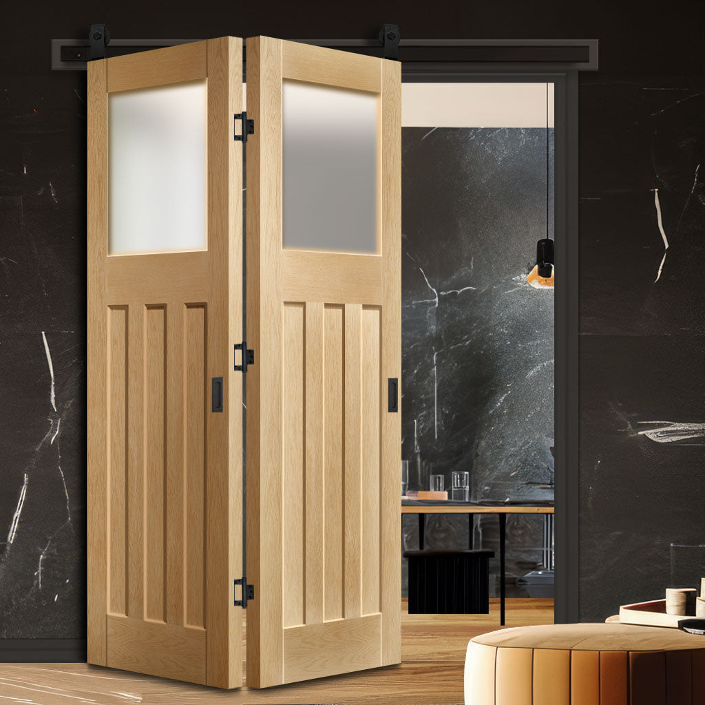 SpaceEasi Top Mounted Black Folding Track & Double Door - DX 1930's Oak Door - Obscure Glass - Prefinished