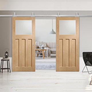 Image: Top Mounted Stainless Steel Sliding Track & Double Door - DX 1930's Oak Doors - Obscure Glass - Prefinished
