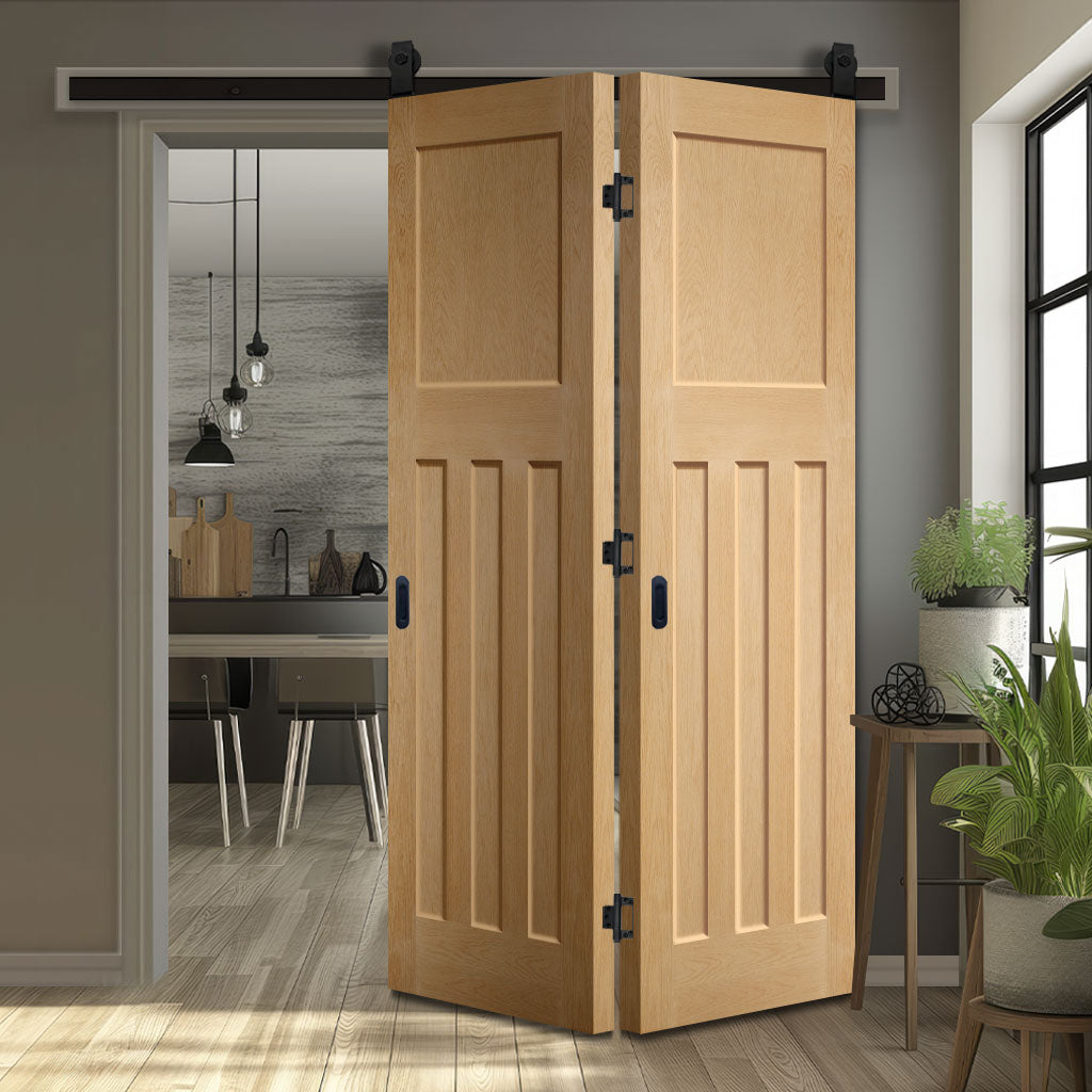 SpaceEasi Top Mounted Black Folding Track & Double Door - DX 1930'S Oak Panel Door - Prefinished