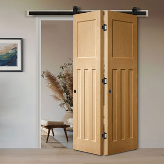 Image: SpaceEasi Top Mounted Black Folding Track & Double Door - DX Oak Panel Door - 1930's Style -Unfinished