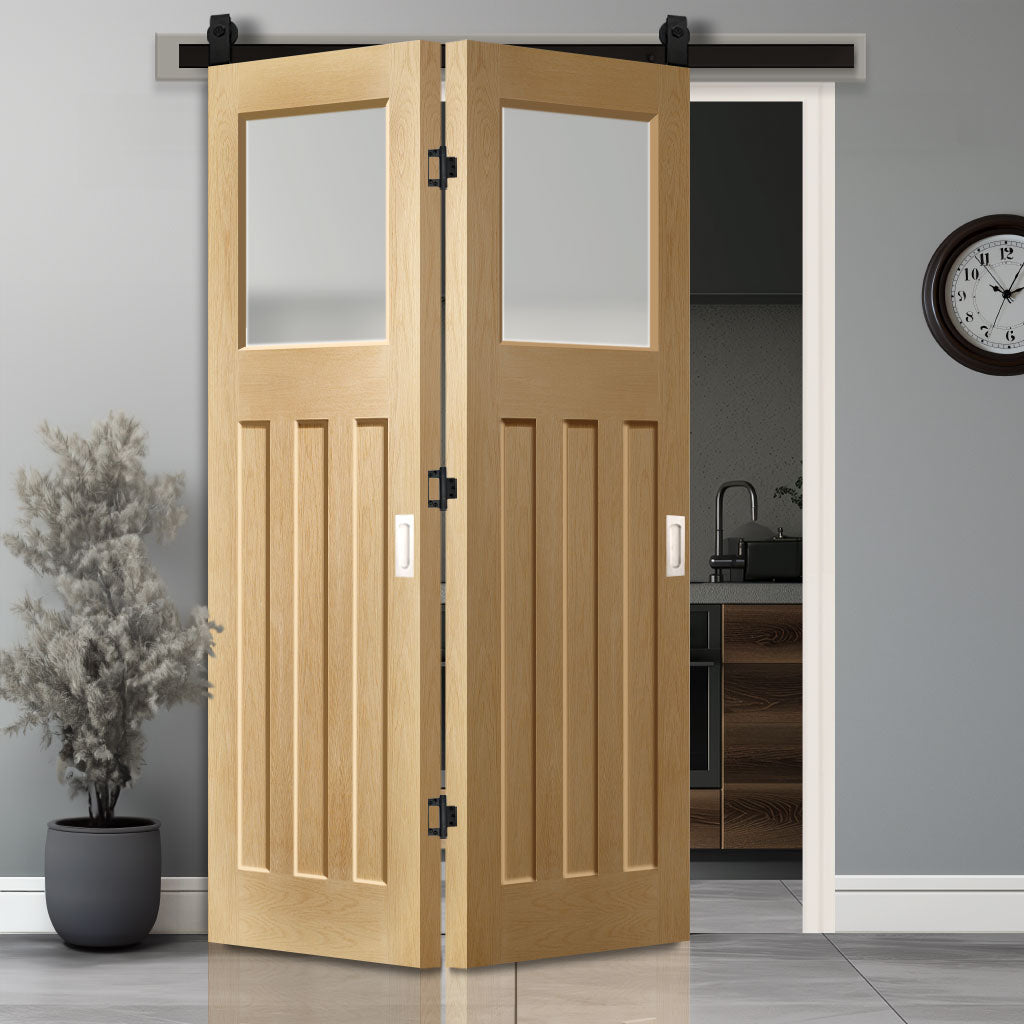 SpaceEasi Top Mounted Black Folding Track & Double Door - DX Oak Door - Obscure Glass - 1930's Style - Unfinished