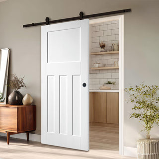 Image: Top Mounted Black Sliding Track & Door - DX30's Panel White Primed Internal Door - White Primed