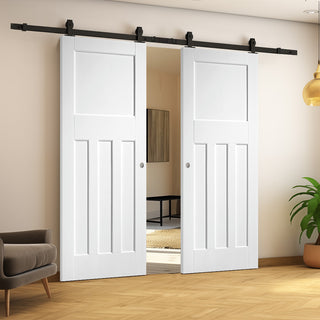 Image: Top Mounted Black Sliding Track & Double Door - DX30's Panel White Primed Internal Door - White Primed