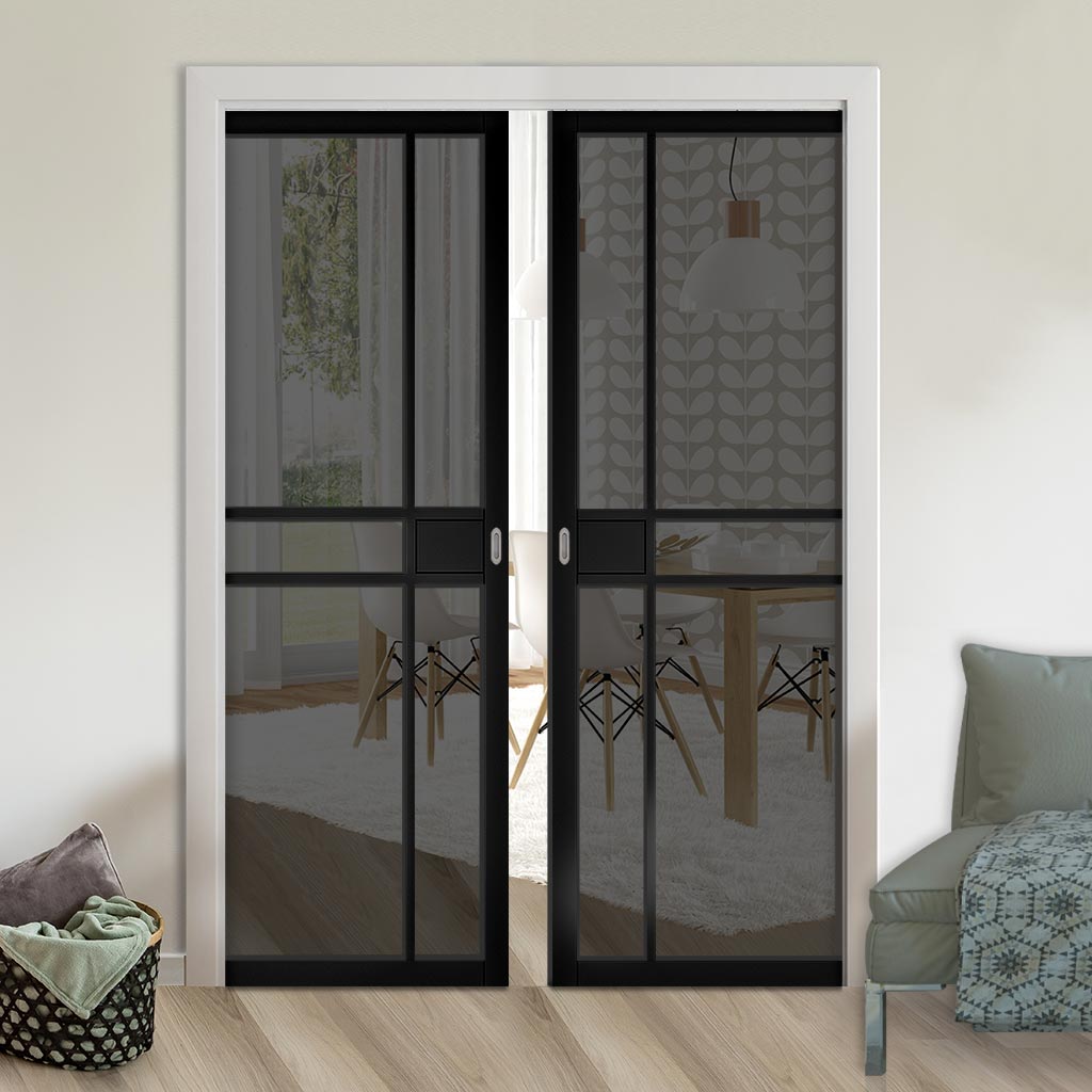 Dalston Black Double Evokit Pocket Doors - Prefinished - Tinted Glass - Urban Collection