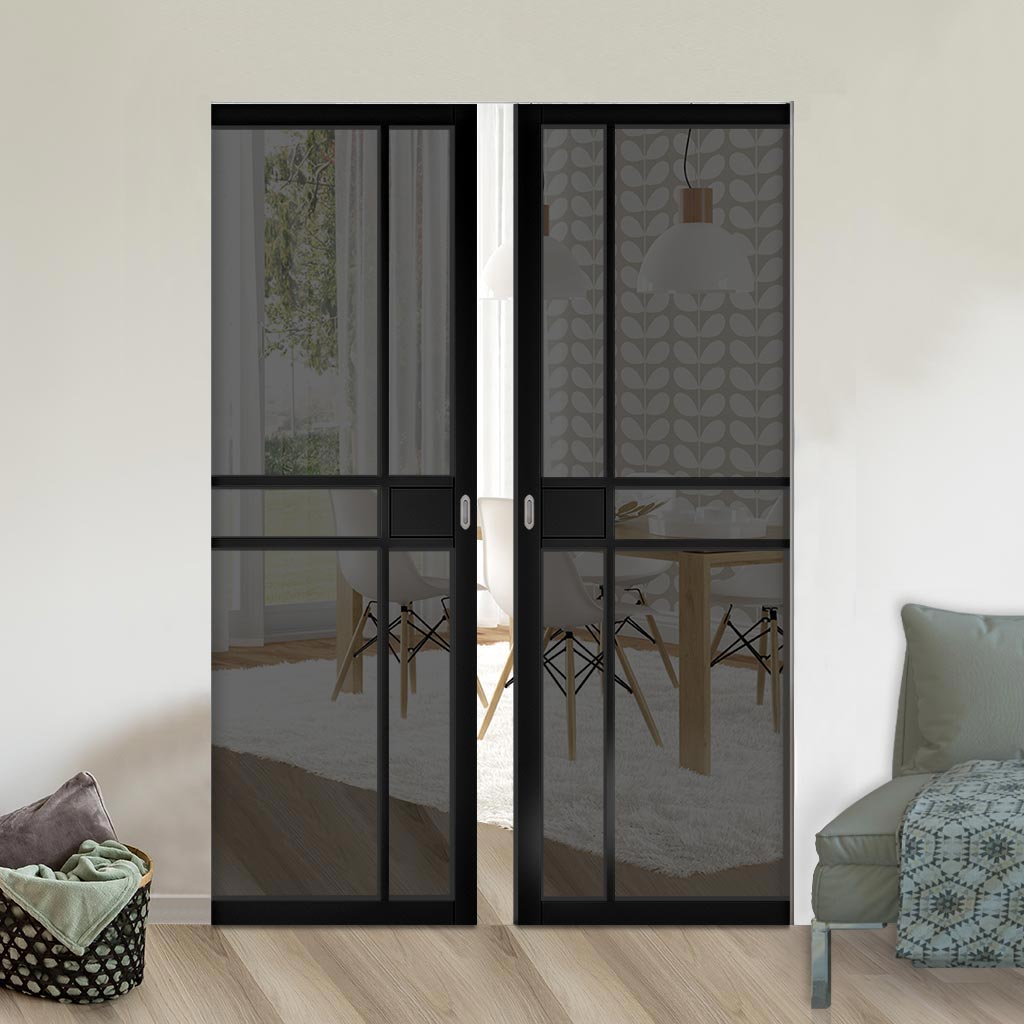 Dalston Black Double Absolute Evokit Double Pocket Door - Prefinished - Tinted Glass - Urban Collection