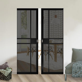 Image: Dalston Black Double Absolute Evokit Double Pocket Door - Prefinished - Tinted Glass - Urban Collection