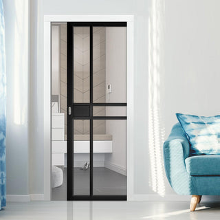 Image: Dalston Black Single Evokit Pocket Door - Prefinished - Clear Glass - Urban Collection