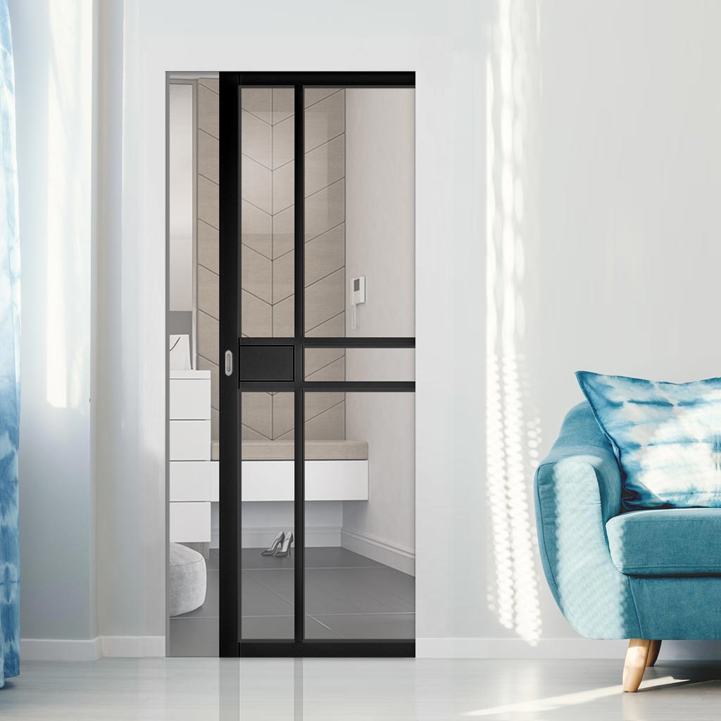 Dalston Black Single Absolute Evokit Pocket Door - Prefinished - Clear Glass - Urban Collection