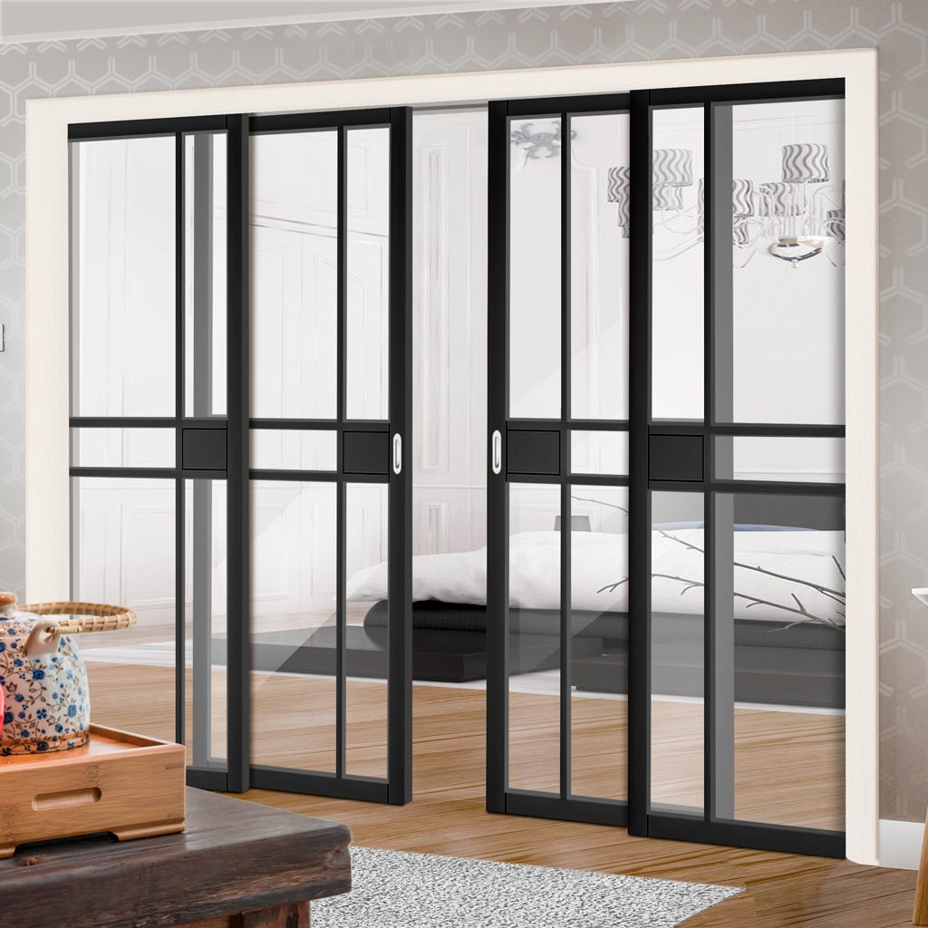 Dalston Black Staffetta Quad Telescopic Pocket Door - Prefinished - Clear Glass - Urban Collection