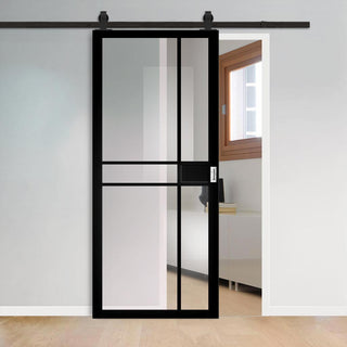 Image: Top Mounted Sliding Track & Door - Dalston Black Door - Prefinished - Clear Glass - Urban Collection