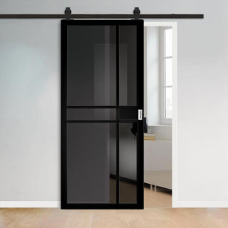 Image: Top Mounted Sliding Track & Door - Dalston Black Door - Prefinished - Tinted Glass - Urban Collection