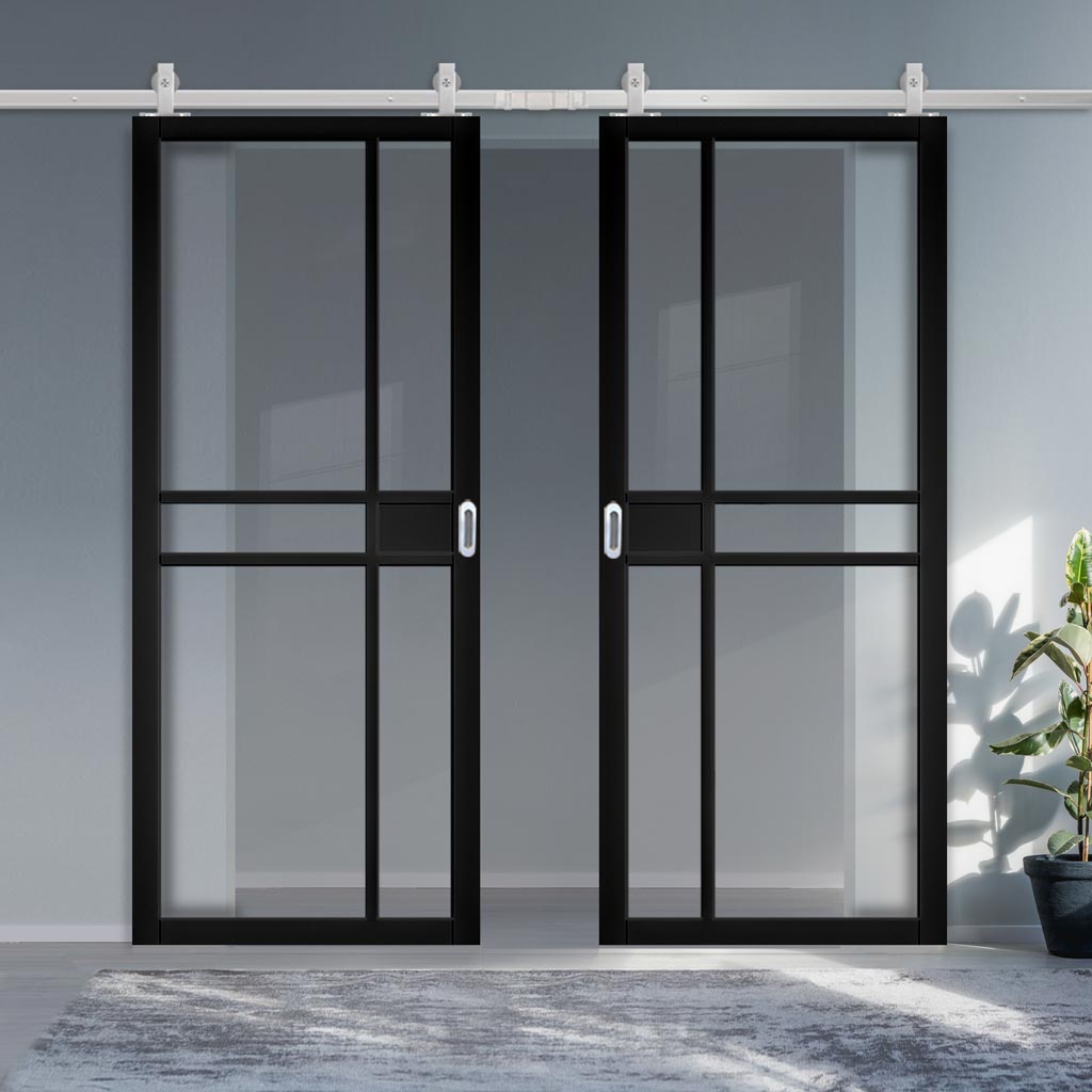 Top Mounted Stainless Steel Sliding Track & Dalston Black Double Door - Prefinished - Clear Glass - Urban Collection