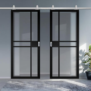 Image: Top Mounted Stainless Steel Sliding Track & Dalston Black Double Door - Prefinished - Clear Glass - Urban Collection