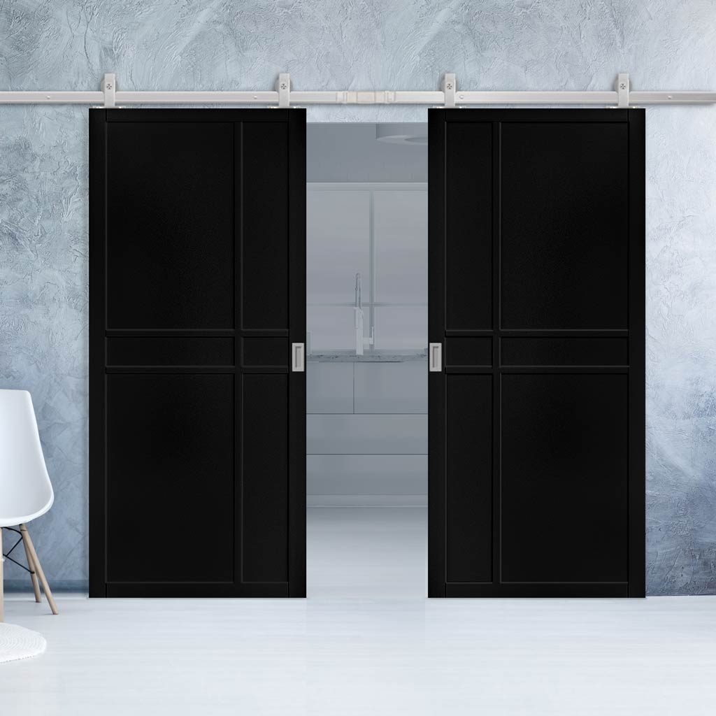 Top Mounted Stainless Steel Sliding Track & Dalston Black Double Door - Prefinished - Urban Collection