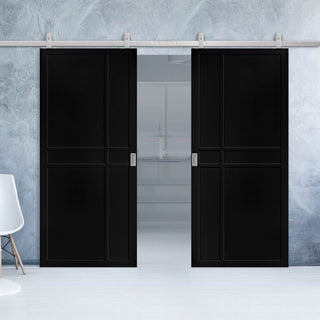 Image: Top Mounted Stainless Steel Sliding Track & Dalston Black Double Door - Prefinished - Urban Collection