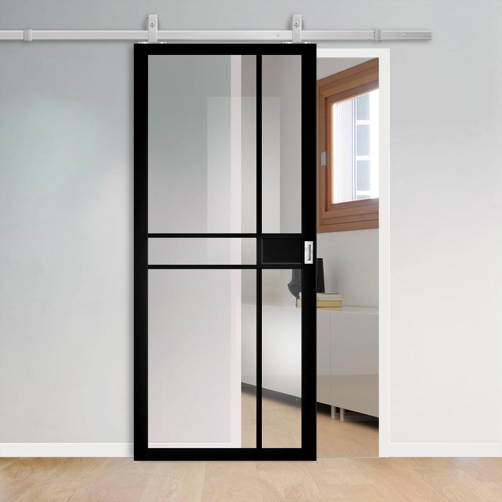 Top Mounted Stainless Steel Sliding Track & Dalston Black Door - Prefinished - Clear Glass - Urban Collection