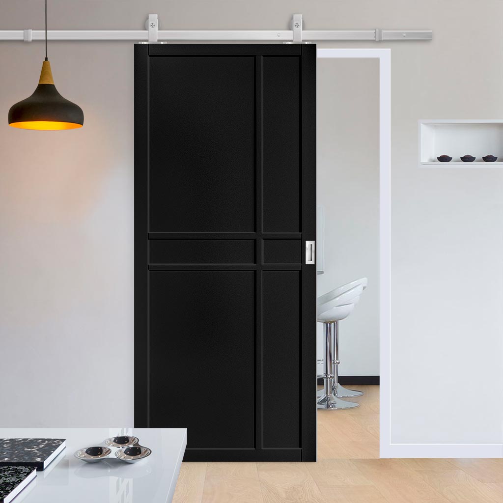 Top Mounted Stainless Steel Sliding Track & Dalston Black Door - Prefinished - Urban Collection