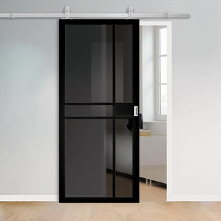 Image: Top Mounted Stainless Steel Sliding Track & Dalston Black Door - Prefinished - Tinted Glass - Urban Collection