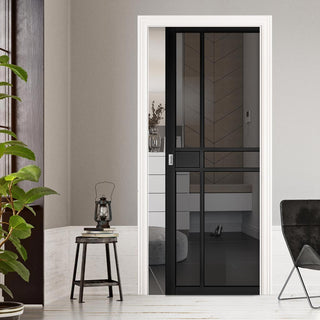 Image: Dalston Black Single Evokit Pocket Door - Prefinished - Tinted Glass - Urban Collection