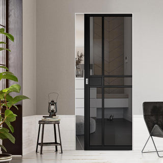 Image: Dalston Black Single Absolute Evokit Pocket Door - Prefinished - Tinted Glass - Urban Collection