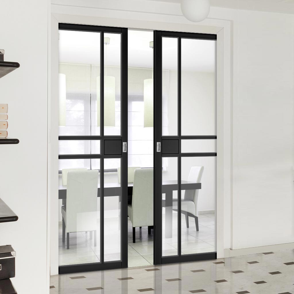 Dalston Black Double Evokit Pocket Doors - Prefinished - Clear Glass - Urban Collection