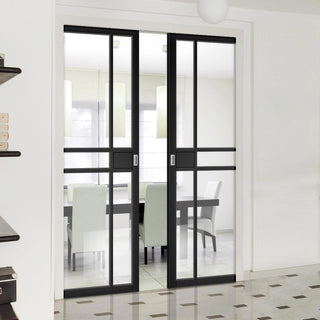 Image: Dalston Black Double Evokit Pocket Doors - Prefinished - Clear Glass - Urban Collection
