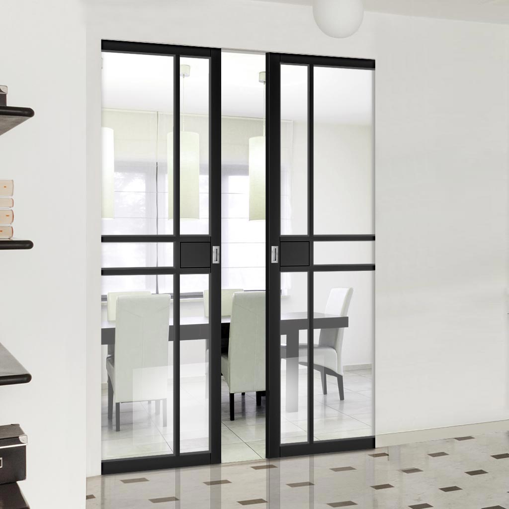 Dalston Black Double Absolute Evokit Double Pocket Door - Prefinished - Clear Glass - Urban Collection