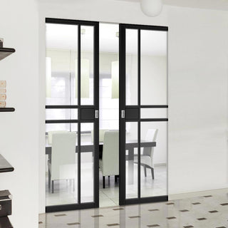 Image: Dalston Black Double Absolute Evokit Double Pocket Door - Prefinished - Clear Glass - Urban Collection